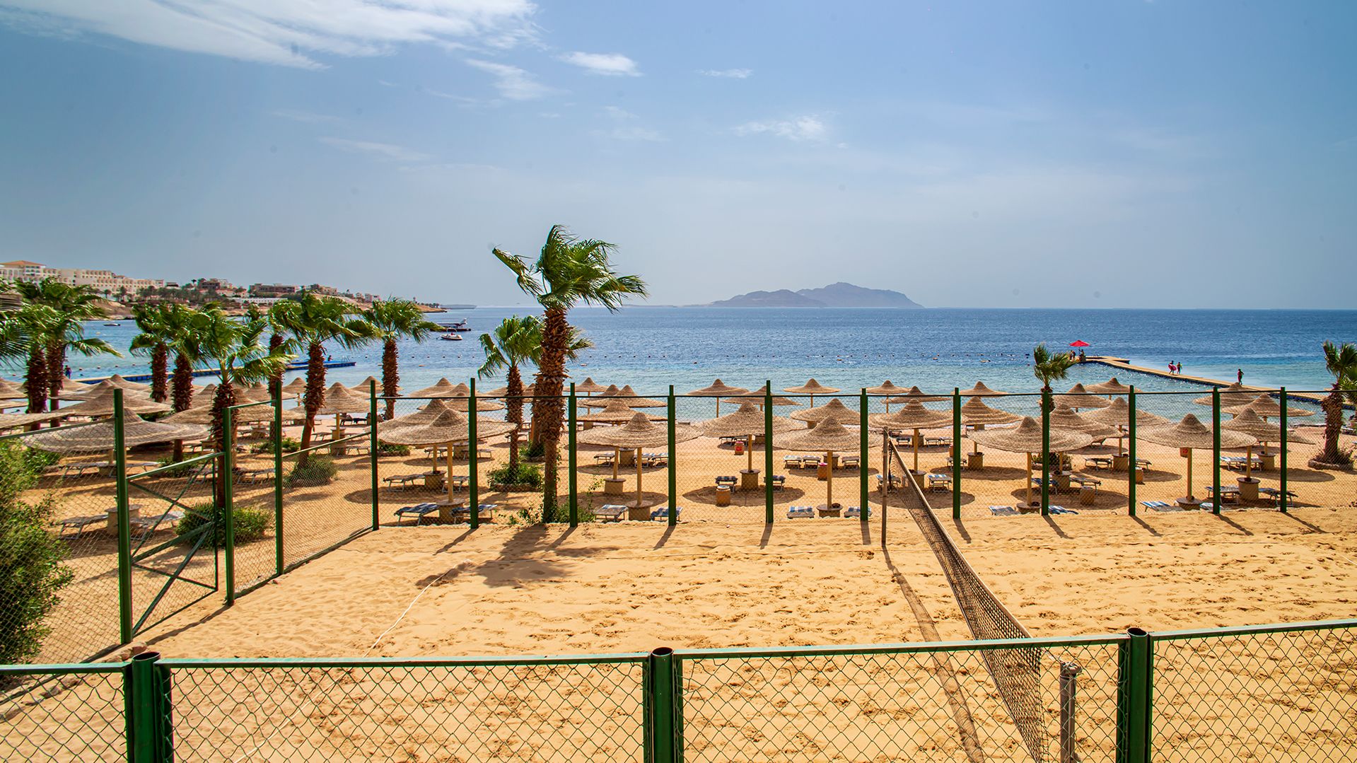 A Beach With Palm Trees And A Fence